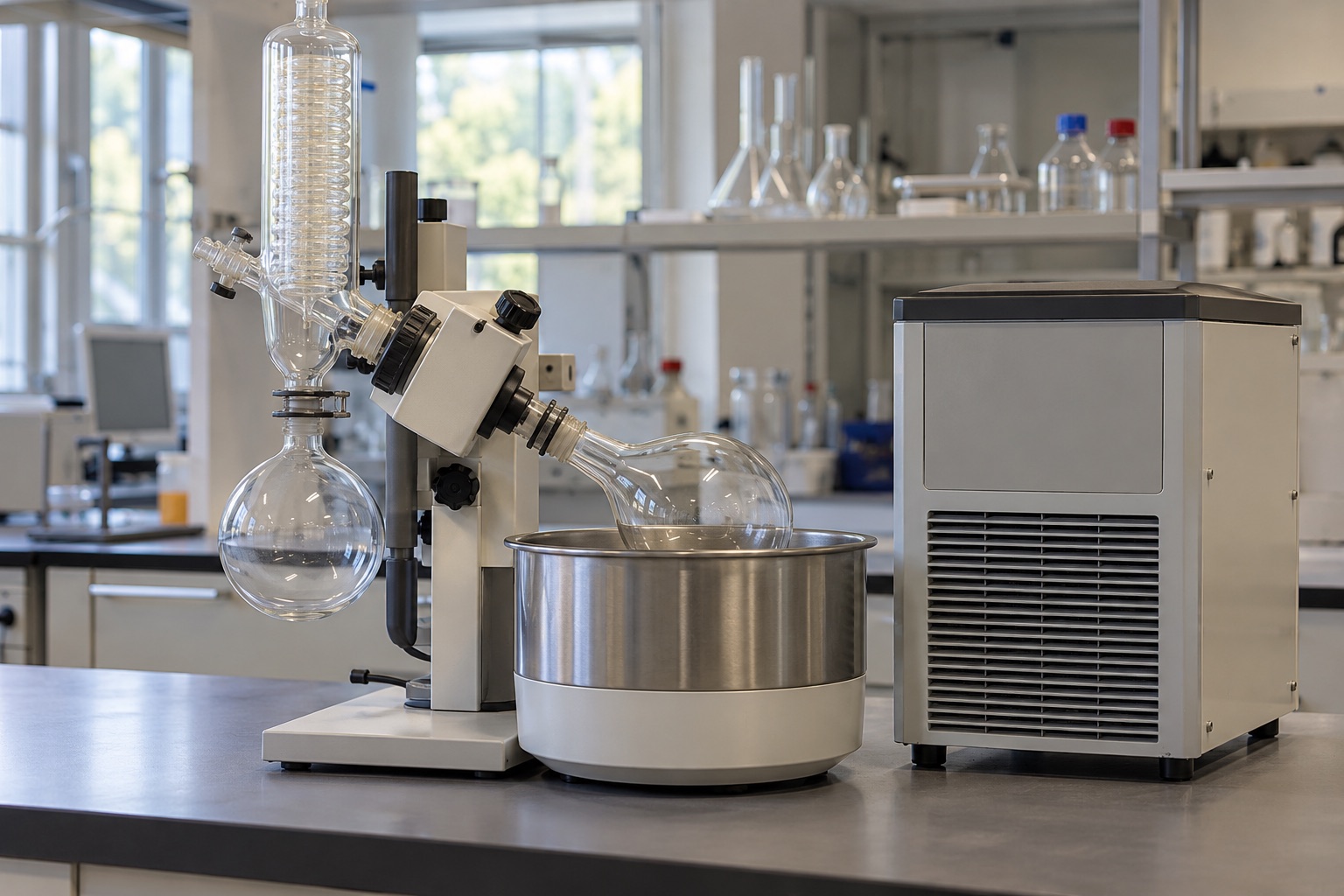 AI-generated photographic-style image of a rotary evaporator and recirculating chiller in a laboratory